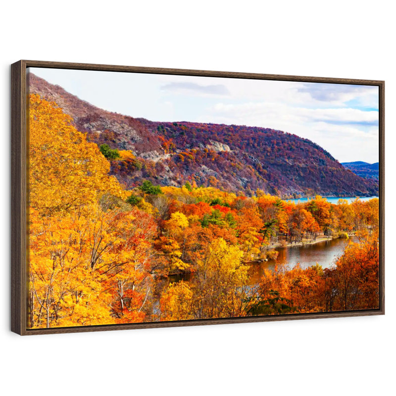 Paysage d'automne avec ours, 19 po x 13 po, Cadre flottant noyer