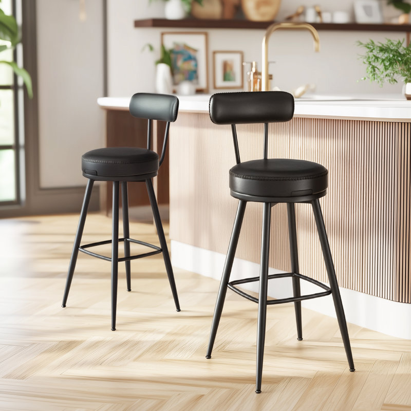 Tabourets Angelleah avec dossier, cuir synthétique, Noir, Tabouret de bar (siège d'une hauteur de 30 po) 