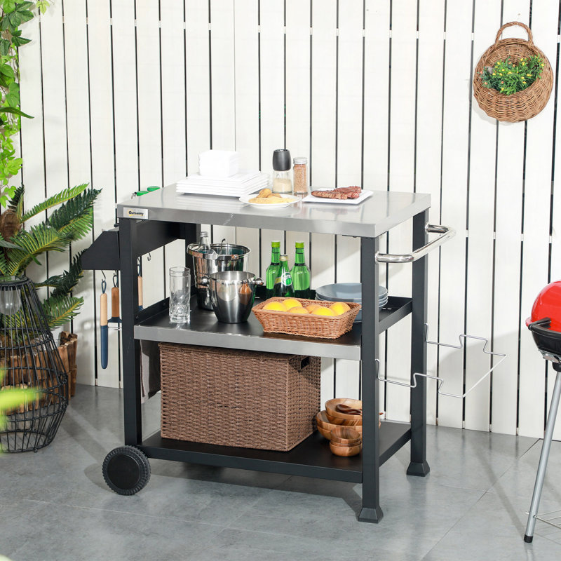 Three-Shelf Outdoor Grill Cart With Stainless Steel Tabletop, Side Handle, Multifunctional Pizza Oven Stand, Movable Food Prep Table On Wheels, Black