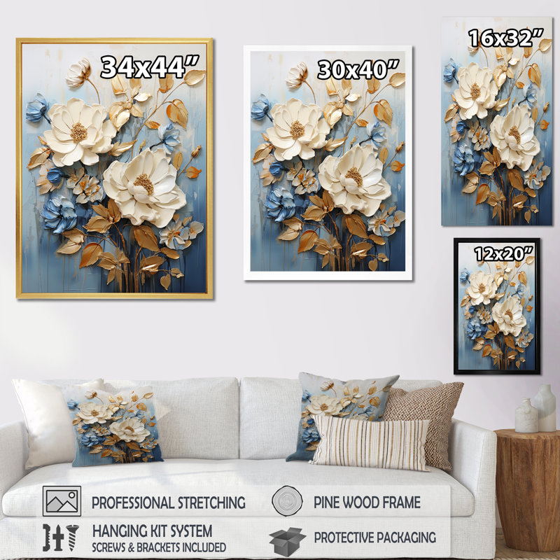 «Beige and Blue Seasonal Flowers Collage II», reproduction sur toile, Cadre flottant blanc, H 44 po x l 34 po x P 1,5 po