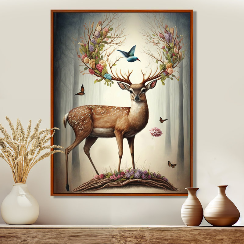 Art mural de cerf avec des bois en floraison III - cerf, H 20 po x l 12 po, Cadre flottant brun