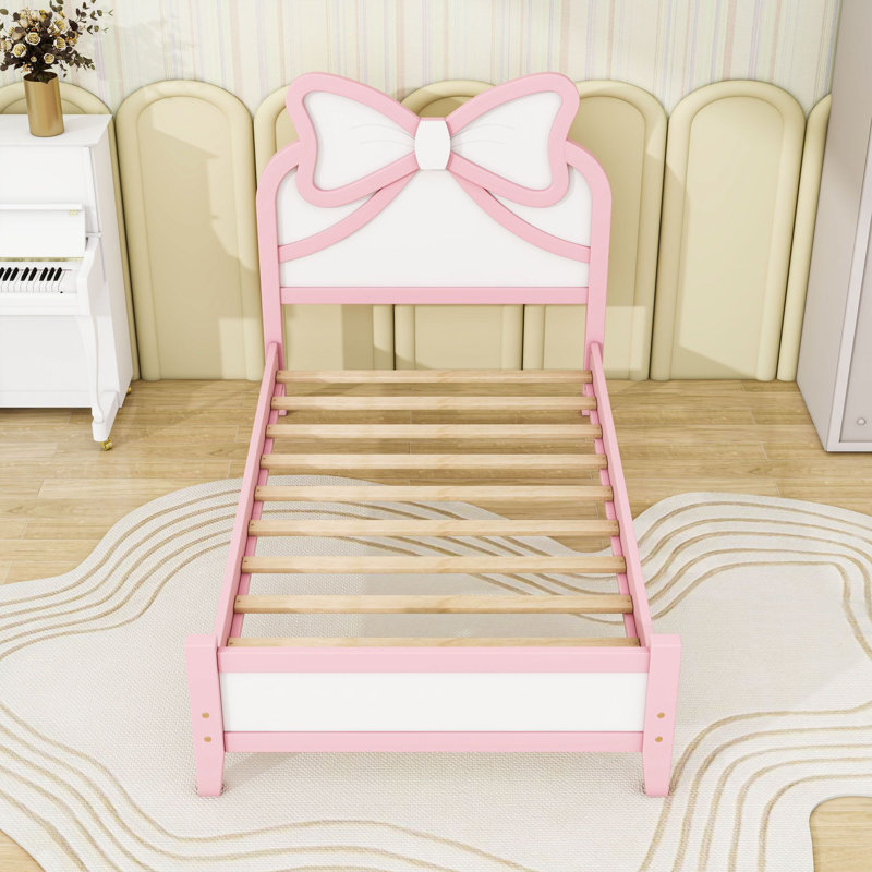 Lit plateforme en bois avec tête de lit, Lit simple, Blanc rose