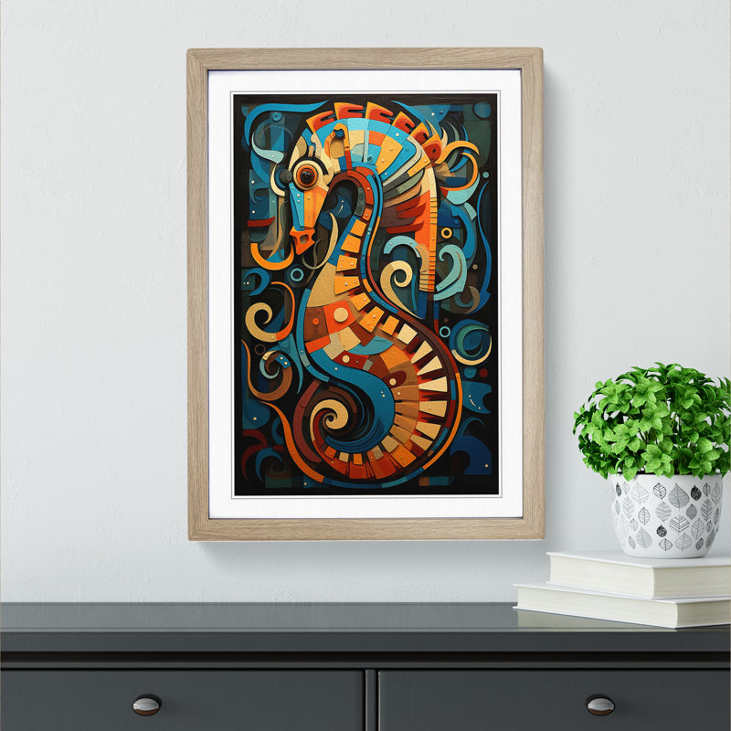 Seahorse Constructivism - Single Picture Frame Print on Wood, 34cm H x 25cm W x 2cm D, Oak