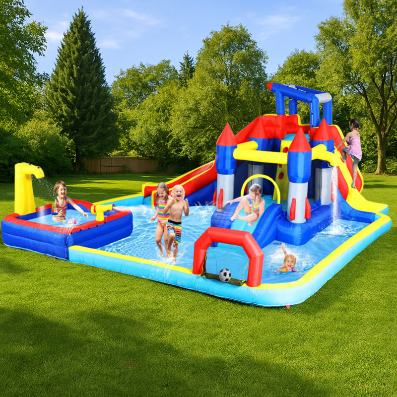 Méga gonflable parc aquatique 18,9 pi x 17,1 pi - glissade géante, double piscine, pistolets à eau, panier de basketball, but de soccer et mur d'escalade