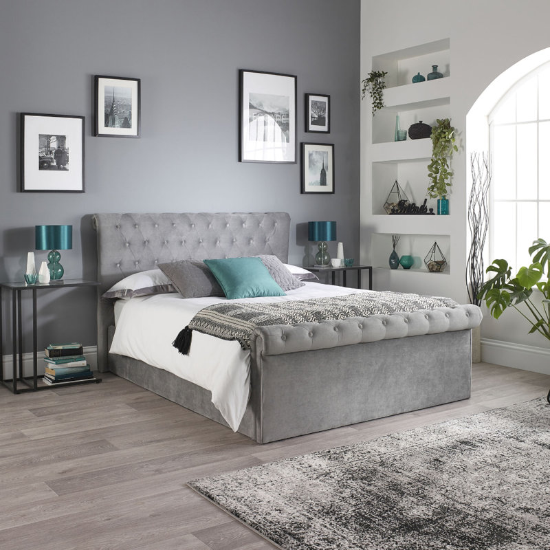 Chesterfield Ottoman Storage Bed in Grey Velvet with Pocket+ Mattress, Double (160 x 210 cm)