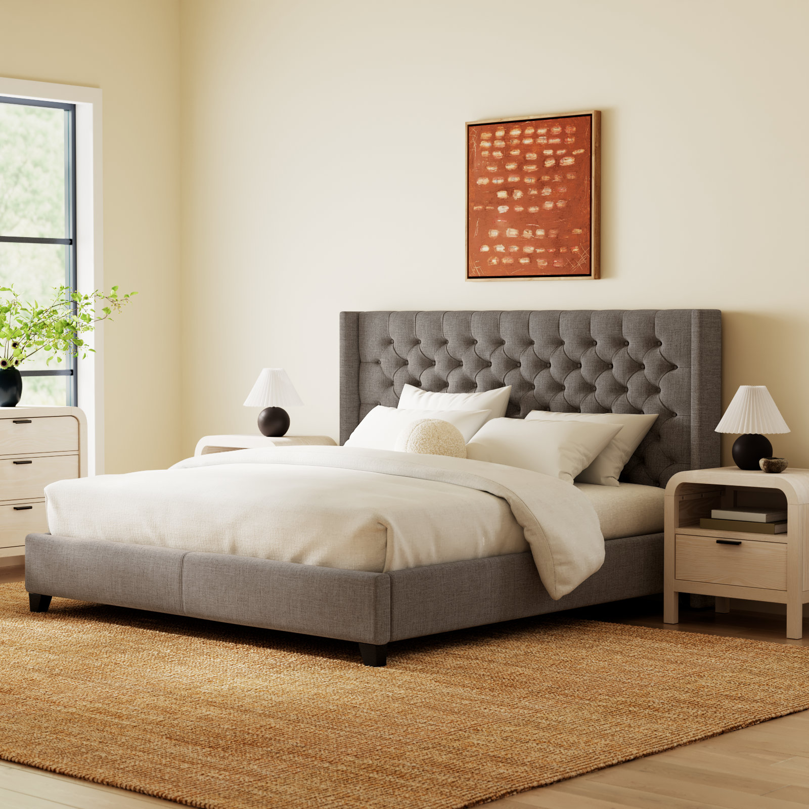 Kaster Upholstered Wingback Bed, King, Pewter Grey Linen