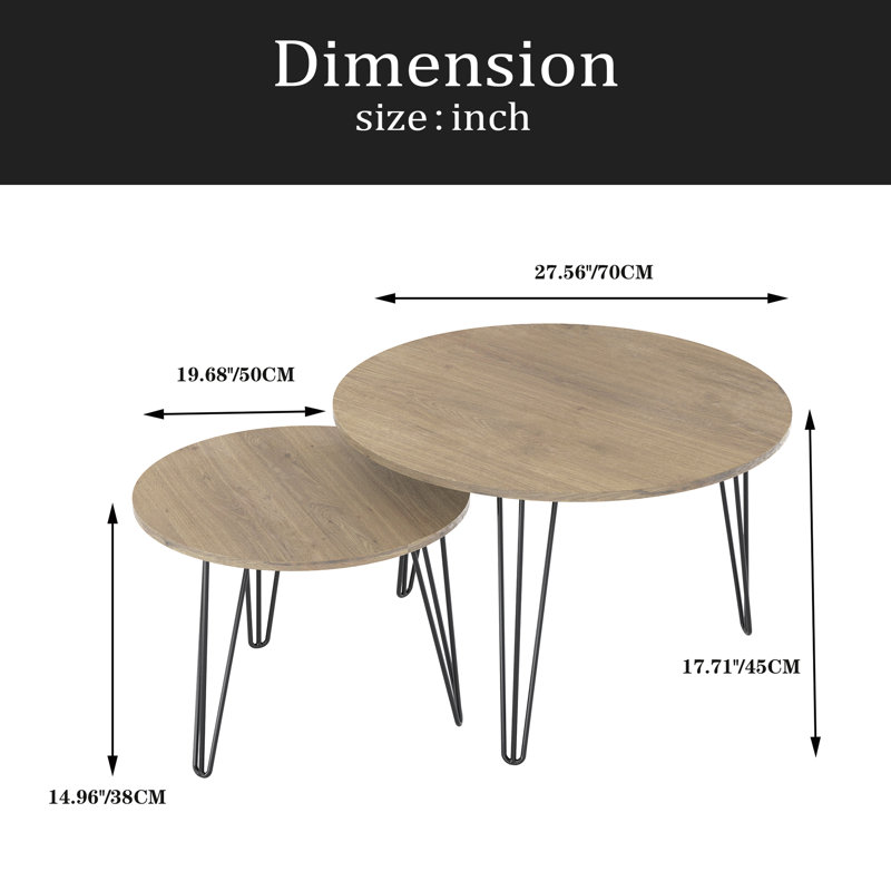 Ensemble de 2 tables basses gigognes rondes de 27,56 po, ensemble de tables de bout gigognes circulaires, plateau de table rond en bois et base en métal robuste pour le salon et la chambre à coucher