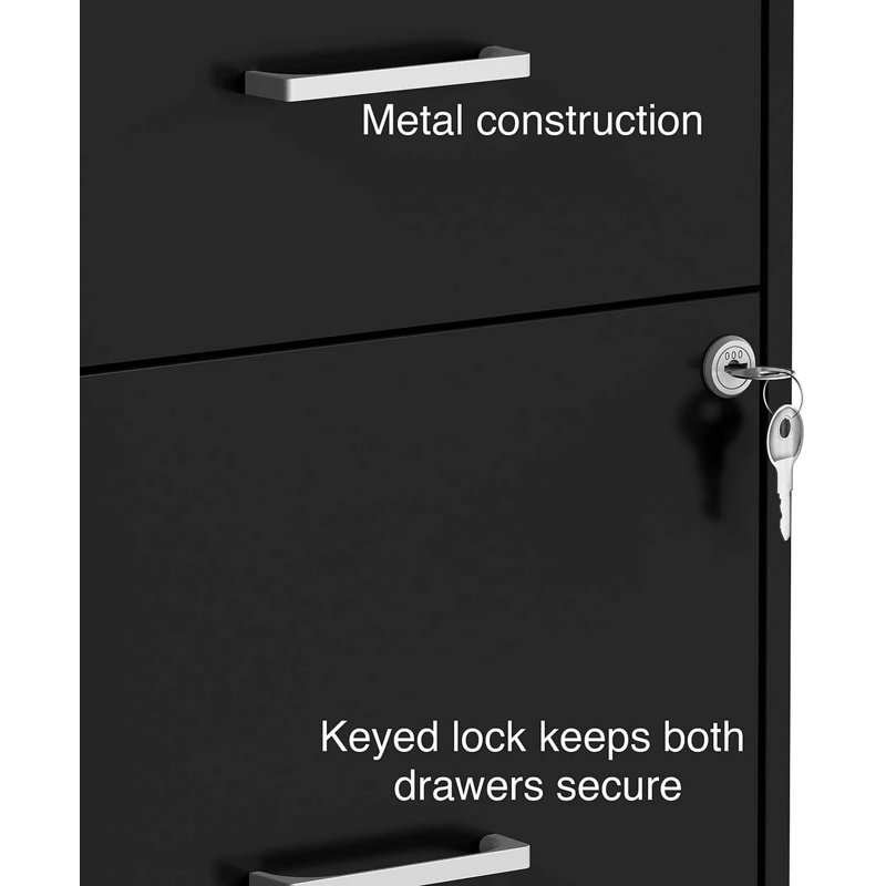 2-Drawer Vertical File Cabinet, Letter Size Documents, Lockable, 18.9" D X 14.3" W X 24.1" H, Black