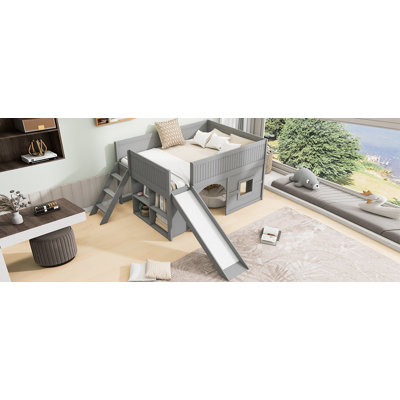 Mapleton All-in-One Low Loft Bed With Storage Shelves And Slide