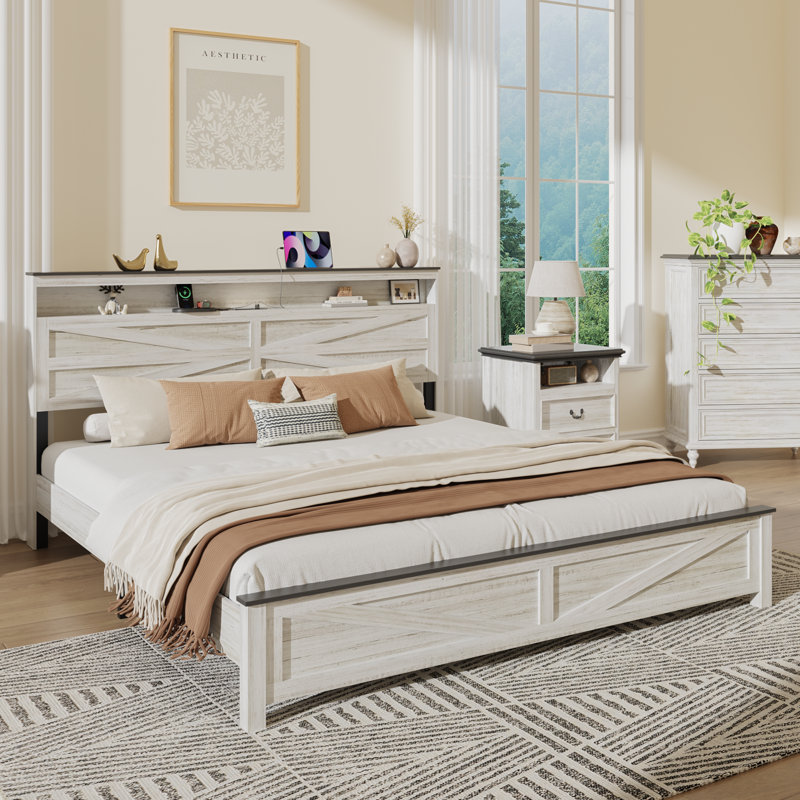 Wooden King Size Bed Frame with Storage Headboard, Farmhouse Platform Bed Frame with LED Lights and Charging Station, White