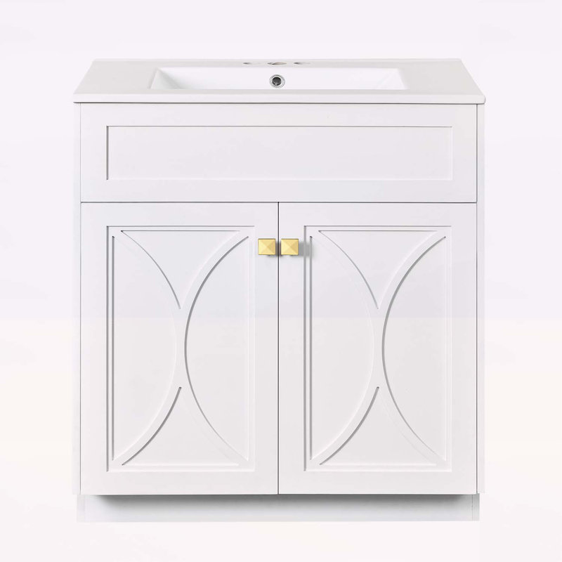 Meuble-lavabo moderne avec lavabo en céramique et grand rangement, Blanc