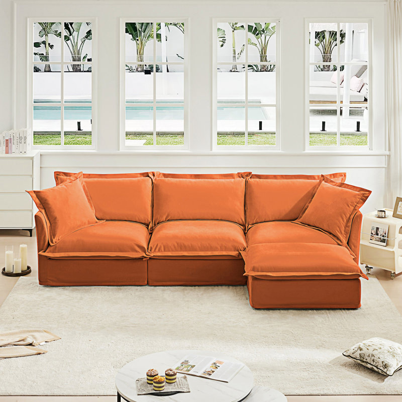 L-Shaped Slipcovered Sectional Sofa Couch, Orange Chenille