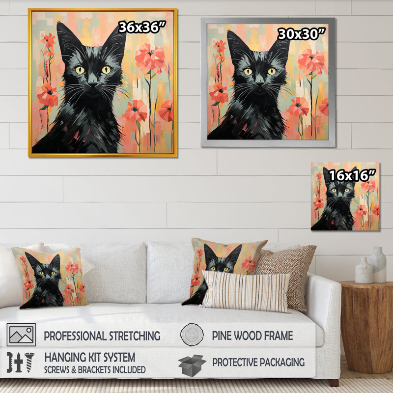 Chat noir dans les fleurs - art mural chat, Cadre flottant blanc, H 36 po x l 36 po x P 1,5 po