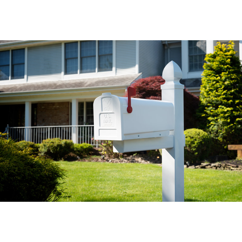 White Plastic Medium Rural Mailbox with Red Flag
