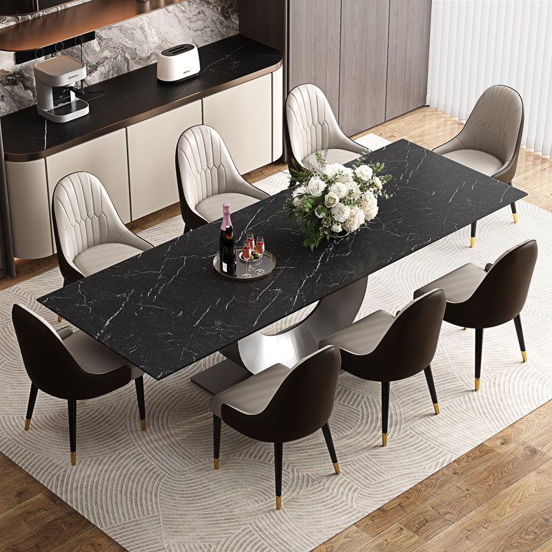 94.5" Extendable Sintered Stone Dining Table Set With 8 Faux Leather Dining Chairs, Modern Luxury 9-Piece Dining Set With U-Shaped Stainless Steel Base