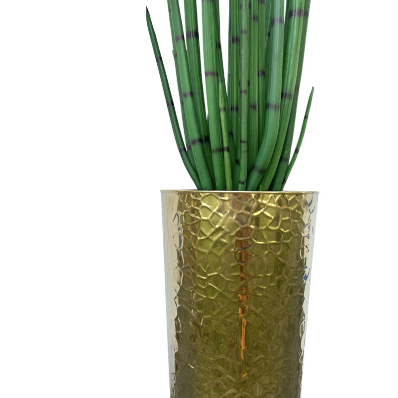 Faux Plant in Metal Planter, Goldtone Hammered