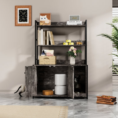 Enceinte de litière pour chat gris avec portes doubles, tablette de rangement et tablette à gratter, armoire de rangement intérieure stable - conception de porte, coussin de salle de bain dissimulé