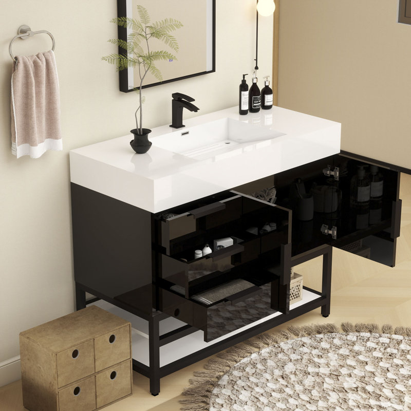 Finition du meuble-lavabo sur pied simple 42 po Jessica / Base: Chêne teck, Noir brillant