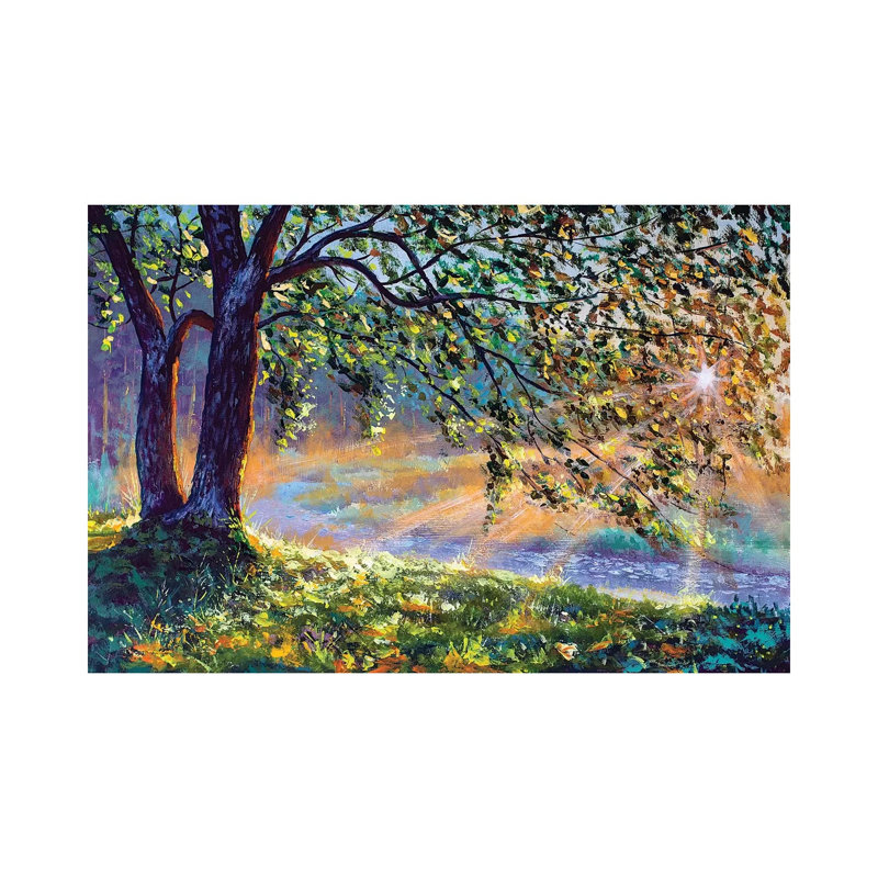 First Sun Rays In River. Big Trees And Warm Sunny Grass by Valery Rybakow - Painting on Canvas, Wrapped Canvas