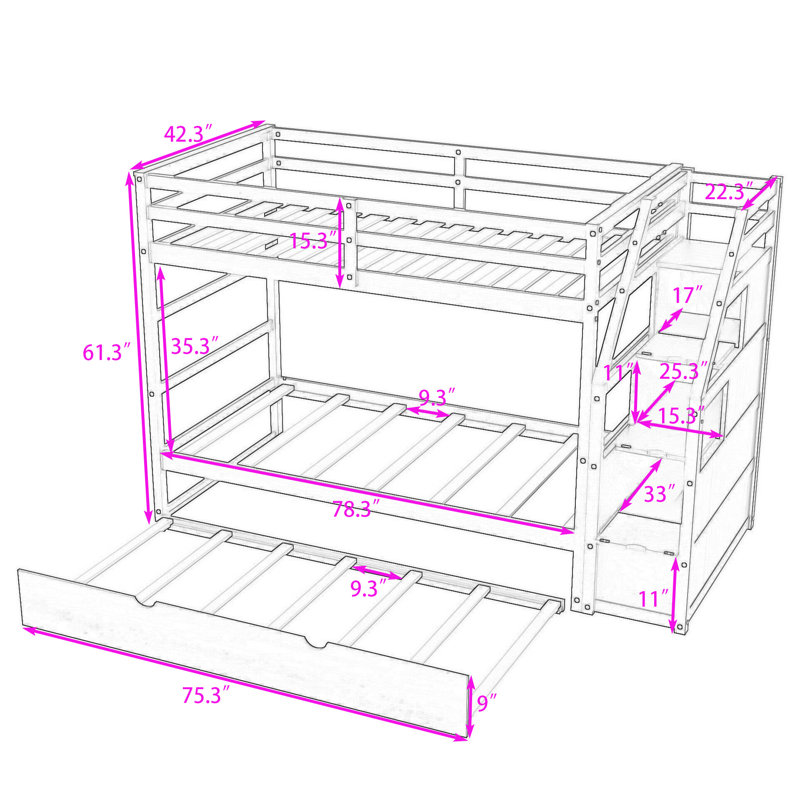 Twin Over Twin Wood Bunk Bed With Twin Trundle, Storage Staircase And Guardrails, Gray