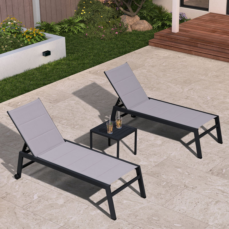 Outdoor Rust-Resistant Metal Chaise Lounge with Table, Black Frame/Light Gray Cushion