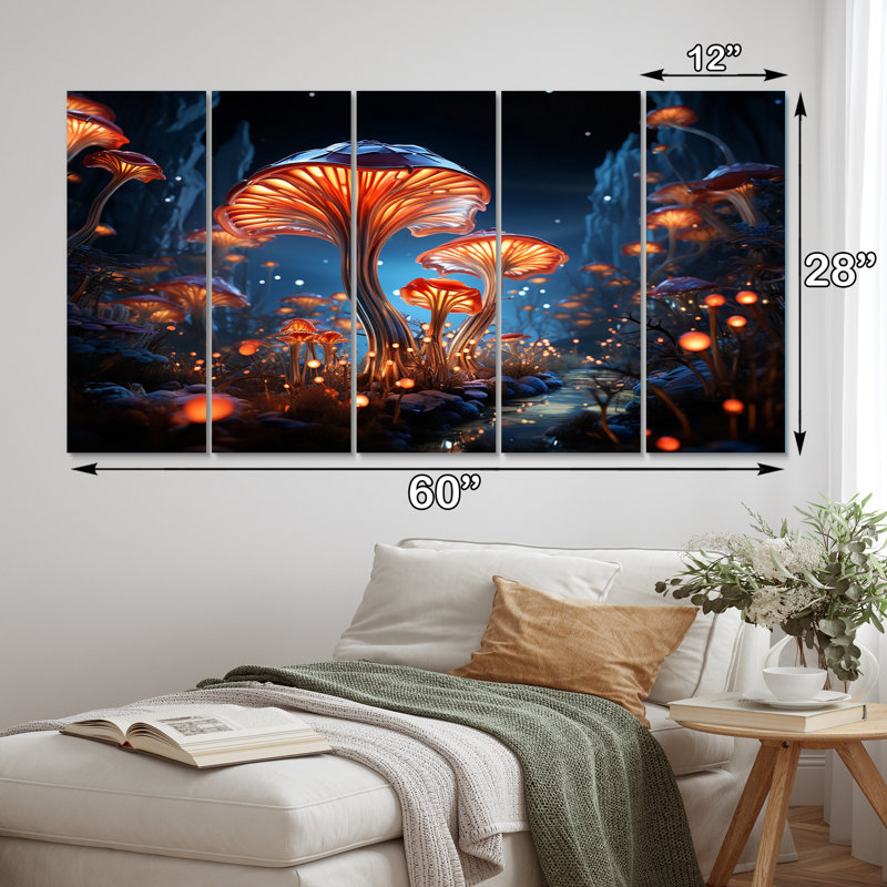 Magical Mushroom Glowing Midnight Forest III - Champignon, salon d'art mural - 5 panneaux égaux