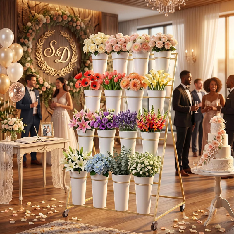 Présentoir à fleurs avec 16 seaux, chariot à fleurs en métal à 4 niveaux, doré, Doré