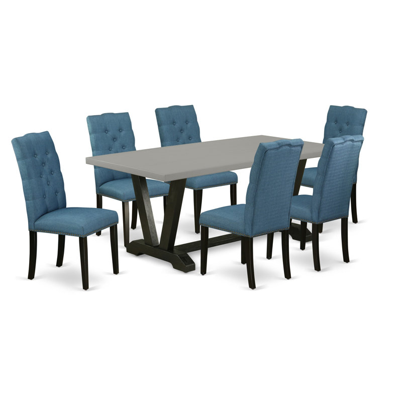 Ensemble de salle à manger 7 pièces composé d'une table de salle à manger rectangulaire avec pieds en V et 6 chaises rembourrées en tissu de lin bleu, finition arrière brossée