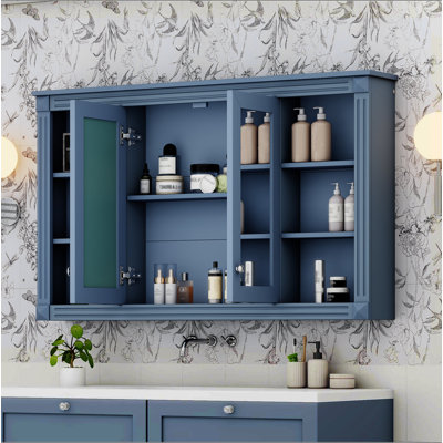 47 Inch Bathroom Mirror Cabinet With Storage, Adjustable Shelf And Open Shelves, Wall Mounted Medicine Cabinet For Bathroom, Bedroom, Vanity
