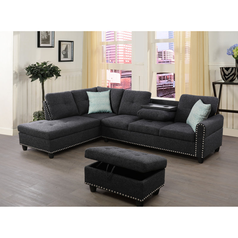 Canapé d'angle en lin garni de mousse avec méridienne large de 250 cm (98 po) orientée à gauche, couleur anthracite, et gris