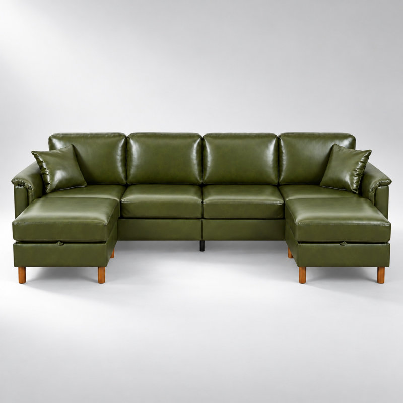 120" Faux Leather Sectional Sofa with 2 Storage Ottomans
