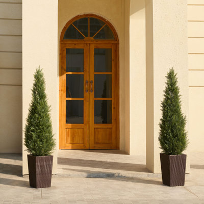 Adcock Faux Cedar Topiary Tree 5FT - UV Resistant Fake Cypress Tree with Big Planter and Decorative Plants