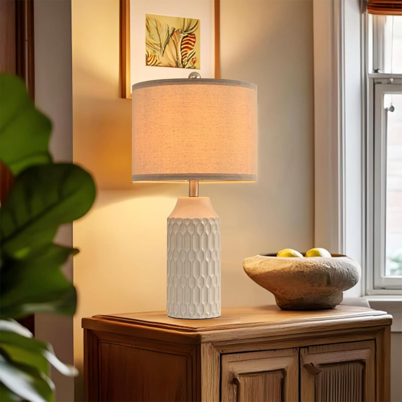 22" Beige Ceramic Table Lamp Set with Fabric Shade