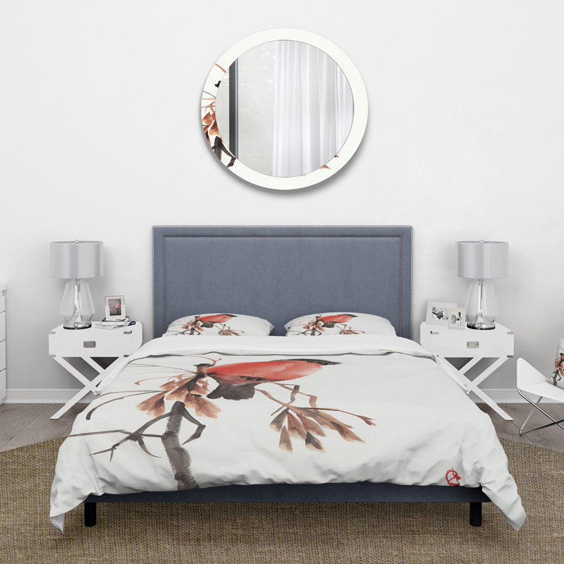 Bouvreuil rouge sur une branche - Ensemble de housse de couette traditionnel - Microfibre de polyester