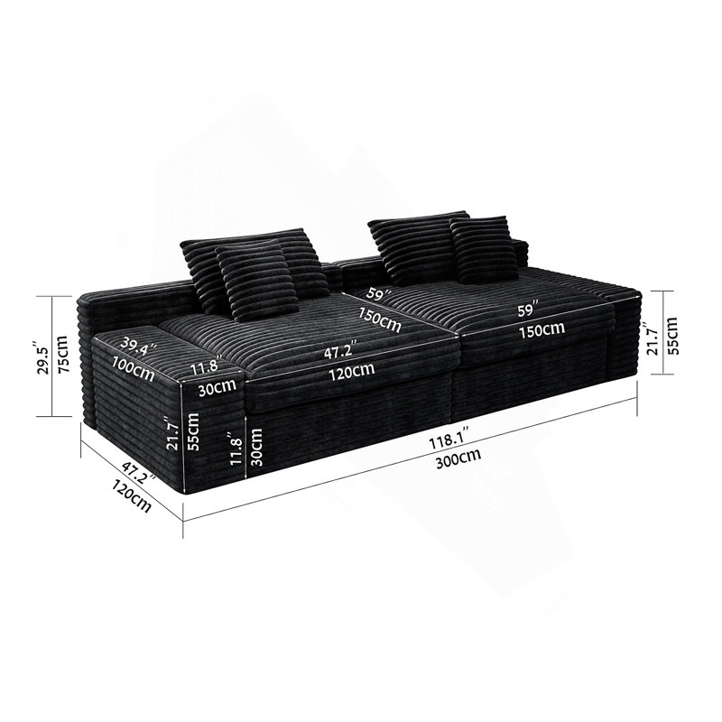 118.1*47.2"Modular Sectional Sofa Seat,Upholstered Compressed Couch, Black Corduroy