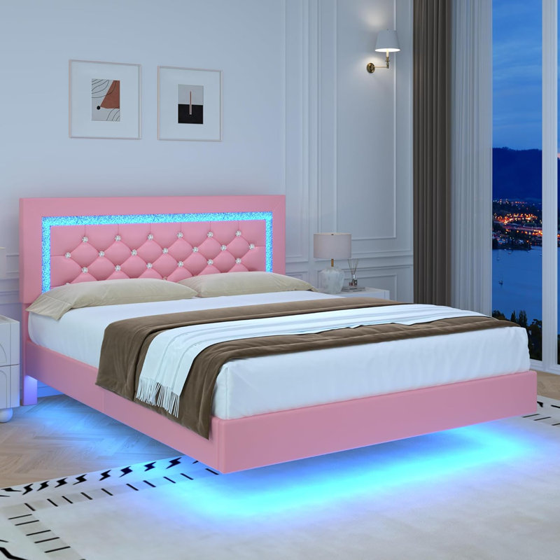 Alber Floating Bed Frame with LED Lights, Upholstered Platform Bed with Diamond Tufted Headboard, No Box Spring Needed, Noise Free, Easy Assembly