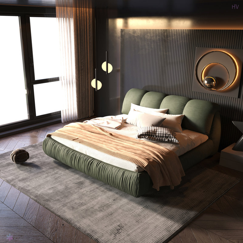 Luxury Upholstered Platform Bed With Oversized Padded Backrest And Solid Wood Frame,Suitable For Multiple Heights Of Mattresses
