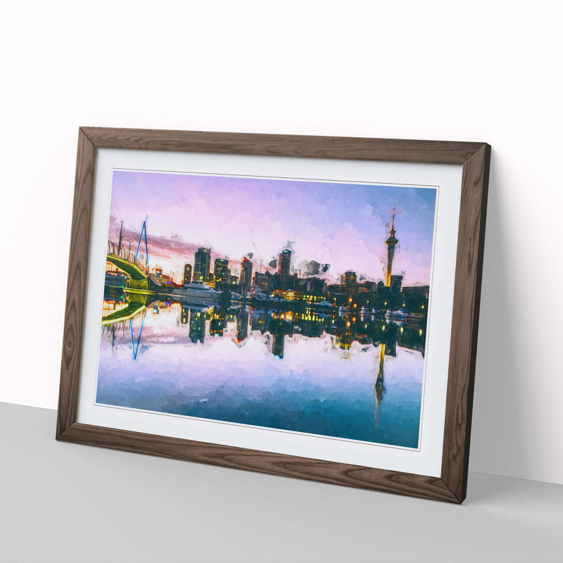 Auckland Skyline in New Zealand in Abstract - Picture Frame Painting Print, 36cm H x 48cm W x 2cm D, Walnut Framed