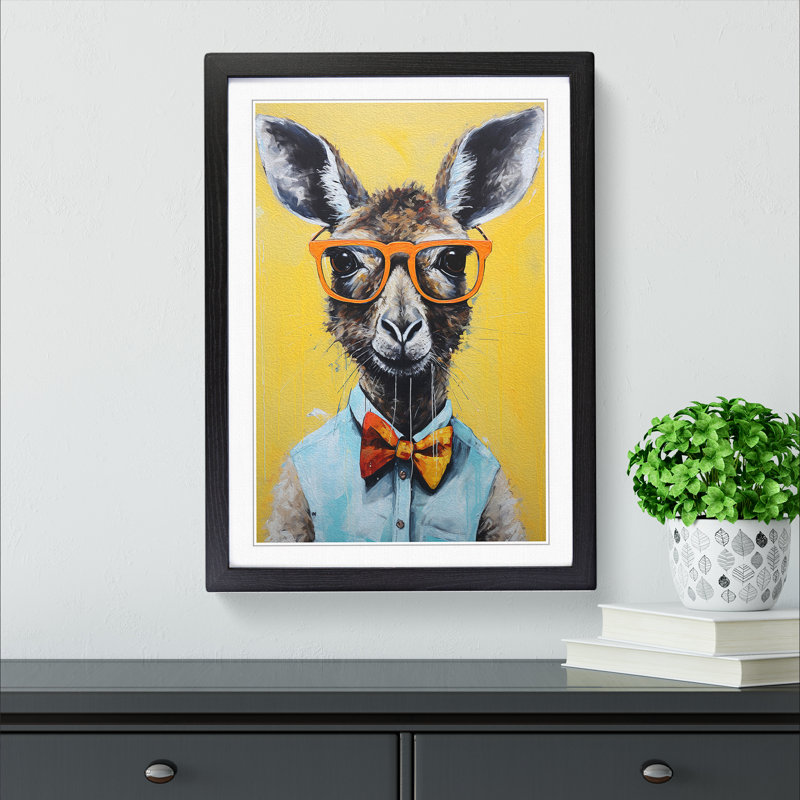 Kangaroo With Glasses - Single Picture Frame Print on Wood, 46cm H x 34cm W x 2cm D, Black