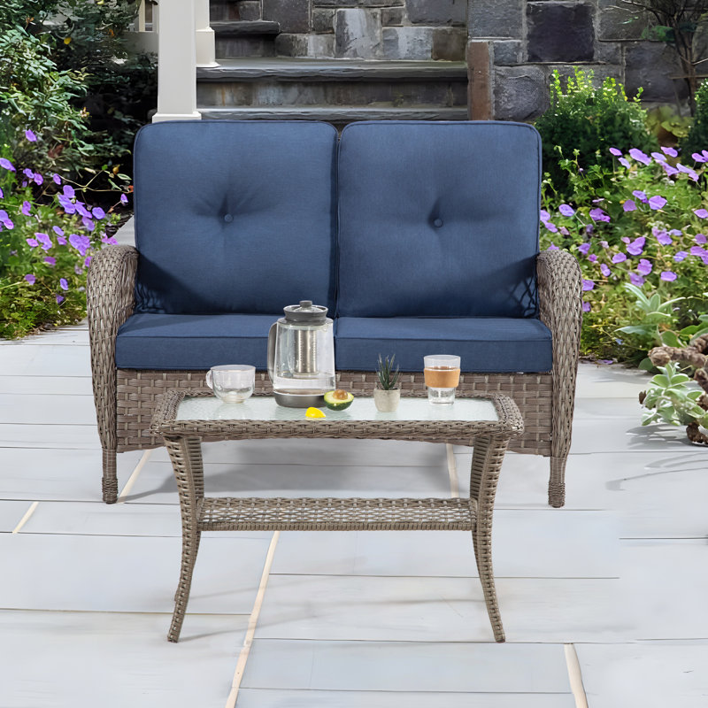 Mertis 2 Pieces Rattan Patio Conversation Set with One Seat & One Table, Blue