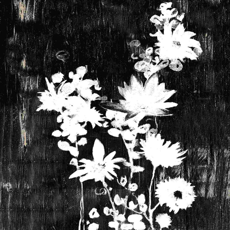 " Black White Distressed Floral ", 12" H x 12" W