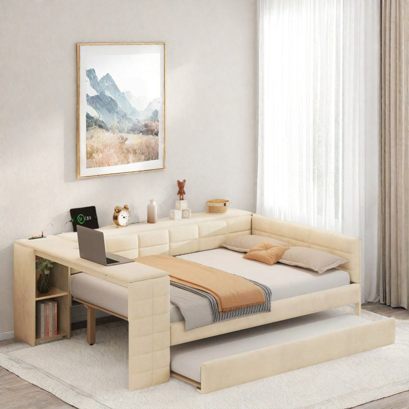 Upholstered Daybed With Storage Shelves, Desk, Charging Station And Trundle, Beige