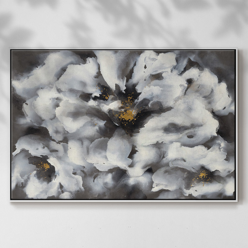 " Peonia ", White Floater Framed Canvas, 17" H x 25" W x 2" D
