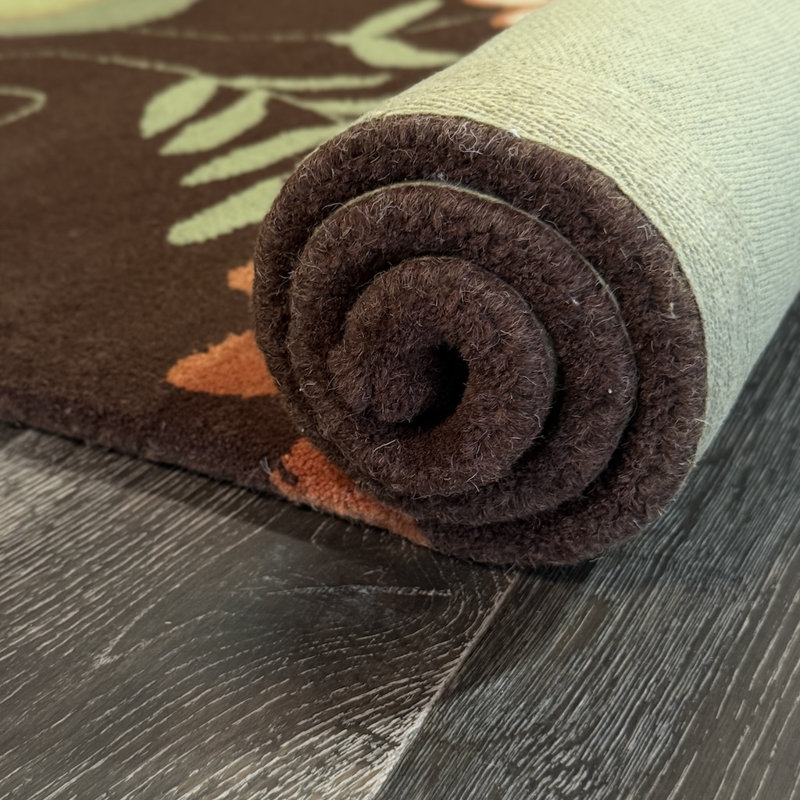 Tapis en laine brun touffeté à la main à motif floral orange et vert Ailey, 8 pi x 10 pi