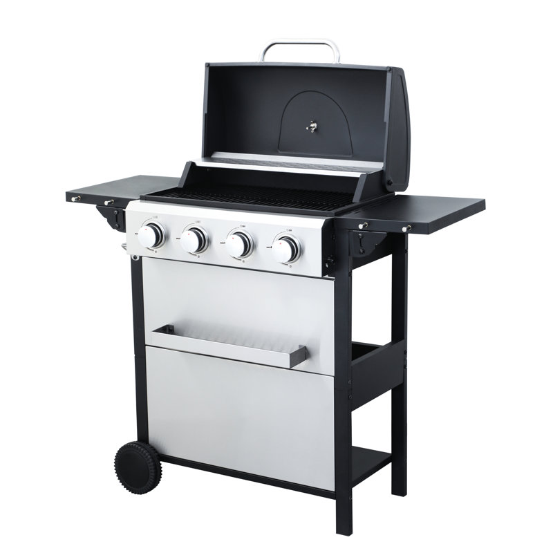 Barbecue au propane 34200Btu 4, table d'appoint pliable, ouvre-bouteille # 430 Ss, grille de réchaud en acier inoxydable pour barbecue extérieur, grilles de cuisson en émail métallique, système d'allumage