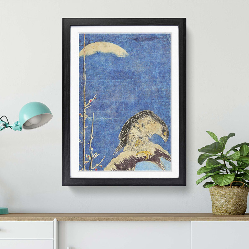 Hawk Perched on a Branch by Isoda Koryusai - Picture Frame Painting Print, Black Framed, 36cm H x 27cm W x 2cm D
