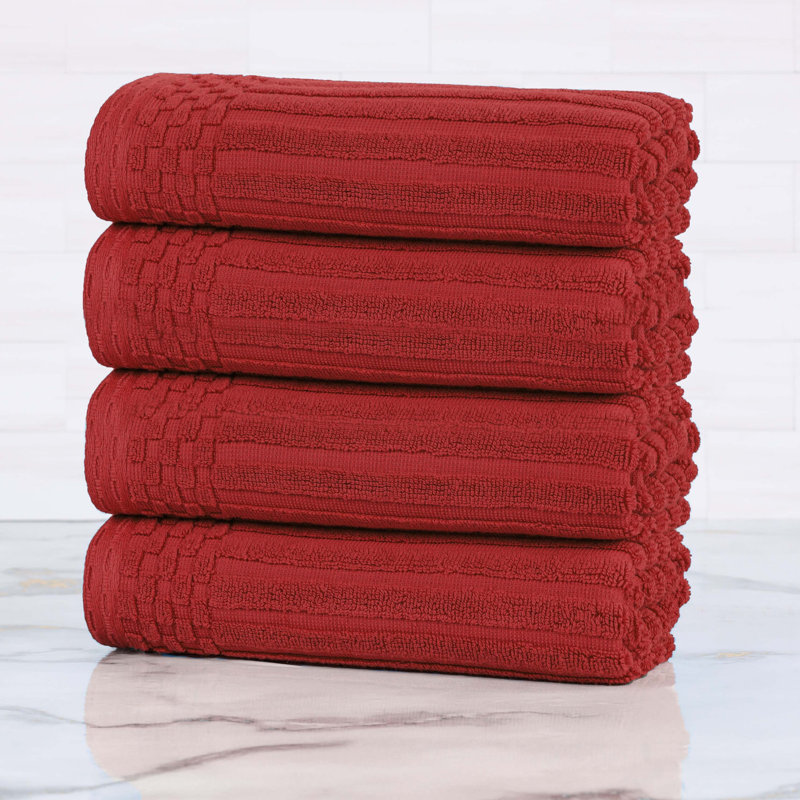 Kleiman Cotton Highly Absorbent Solid and Checkered Border Hand Towel Set, Burgundy