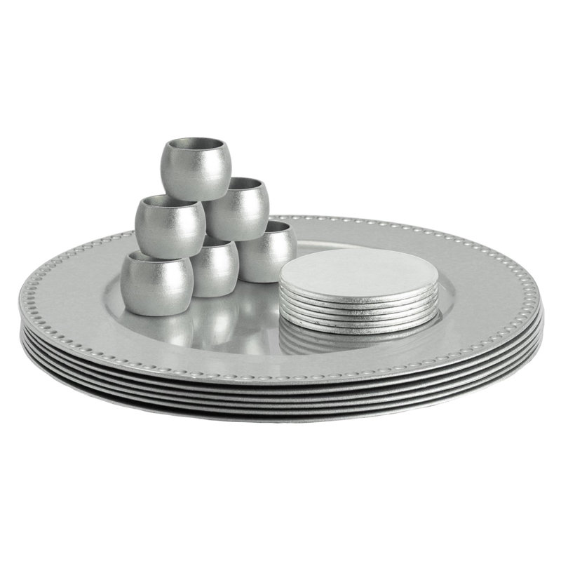 Argon Tableware - Beaded Melamine Charger Plates with Coasters & Napkin Rings - 18 Piece Set, Silver