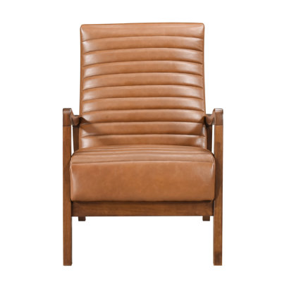 Brown Faux Leather Accent Chair, Solid Rubberwood Frame, Walnut Finish Look Chair With Back And Frame