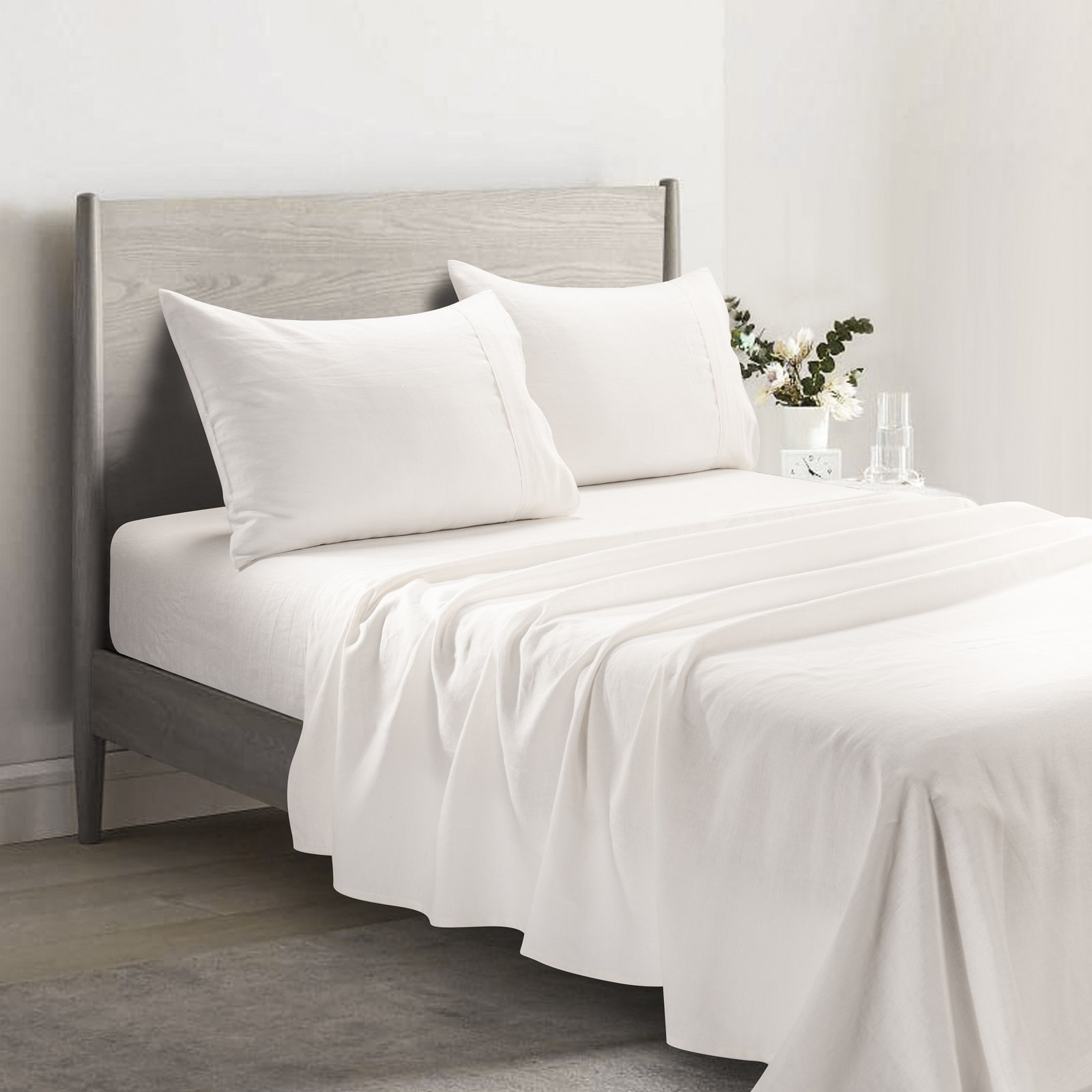 Stone Washed Pure Linen Sheet Set, Fitted Sheet 16" Pocket, California King, Ivory